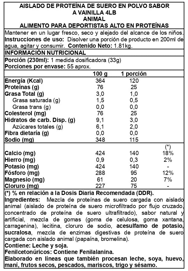 ANIMAL PROTEINA 4 LB ISOLATE 25G WHEY VAINILLA