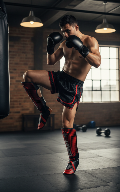 CANILLERA CON EMPEINERA JAVCO KICK BOXING & MUAY THAI ROJO BLANCO