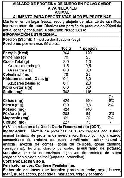 ANIMAL PROTEINA 4 LB ISOLATE 25G WHEY VAINILLA